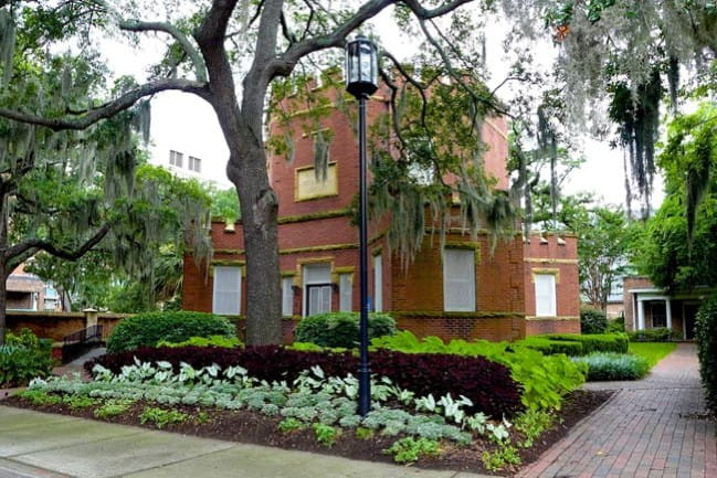 A brick building sits behind a garden and a tall tree.